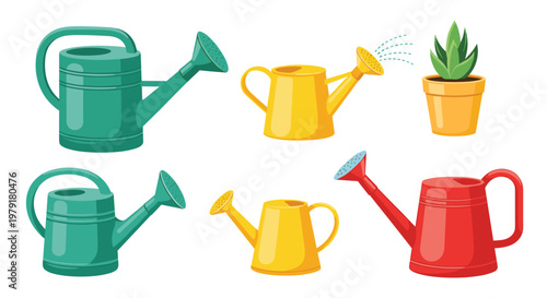 Colorful plastic watering cans in green, yellow, and red alongside a small potted succulent plant for home gardening decoration.
