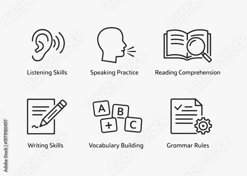 A set of speech and communication skills icons focuses on simplicity, elegance, and ease of recognition. Vector Sign for Logos, Labels, and Icons.