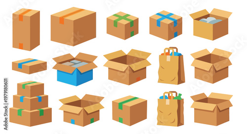 Collection of cardboard boxes in various sizes and states of assembly