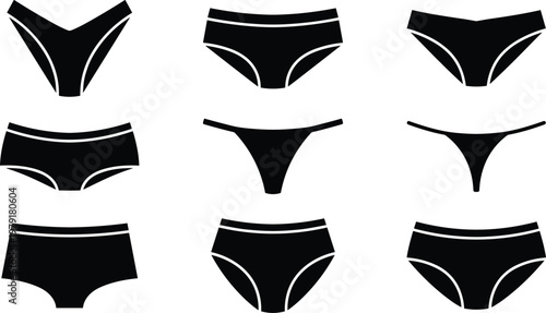 Collection of black women's underwear silhouettes featuring various panty styles like bikini thong hipster and boyshorts isolated on white background for lingerie fashion design projects.