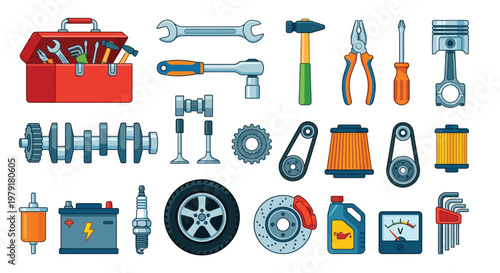 An assortment of automotive tools and engine parts laid out on a white background