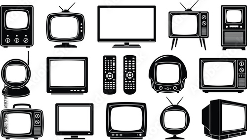 Large collection of black television silhouettes including vintage retro tube sets modern flat screen monitors and remote controls isolated on white background for media projects.