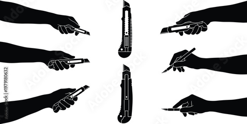 Collection of black silhouettes showing various hands holding utility knives and scalpel blades isolated on white background for DIY craft and professional industrial repair projects.