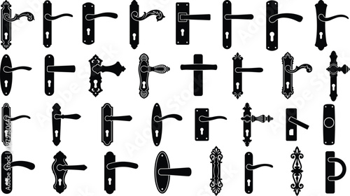 Large collection of black door handle silhouettes featuring vintage antique and modern lever styles with keyholes isolated on white background for architectural hardware design.