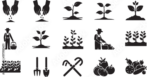 Agricultural icons for farming and gardening activities and tools
