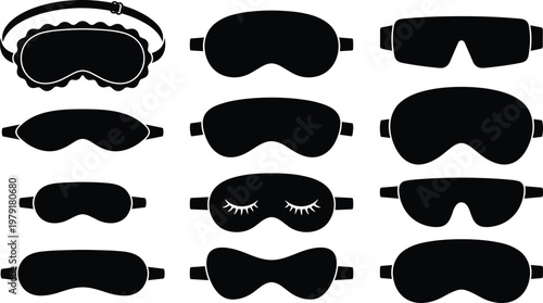 Large collection of black sleep mask silhouettes featuring various designs like contoured 3D eye covers and decorative blindfolds for relaxation travel and health design projects.