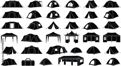 Comprehensive Vector Collection of Camping Tent Silhouettes Featuring Various Outdoor Shelters Domes Canopies Pavilions and Marquees for Adventure Tourism and Nature Themed Graphic Design Projects.