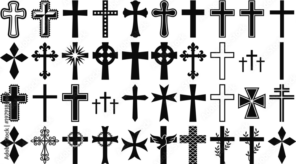 Fototapeta premium Large collection of black Christian cross silhouettes in various religious styles including Celtic Orthodox and decorative shapes isolated on white background for spiritual design projects.