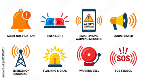 A vector set of emergency alert icons including notification symbols and warning signals for various communication devices on a public information display.