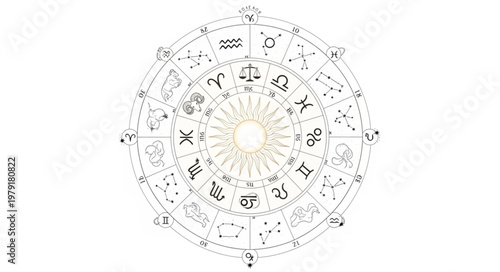 Astrological Zodiac Wheel with Sun and Symbols.