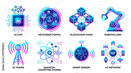 A vector set of futuristic technology icons featuring AI chip, network portal, blockchain, robotic arm, 5G tower, quantum computing, smart sensor, and IoT network on a modern interface.