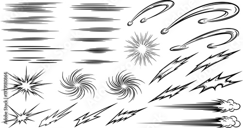 line movement element vector set, comic speed lines, motion lines, dynamic effect, manga action elements, swoosh, burst, swirl, impact stroke, motion streaks, anime style, expressive sketch curve ink