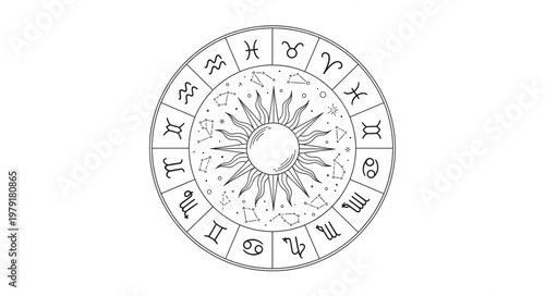 Astrological Zodiac Wheel with Sun Symbol in Center.