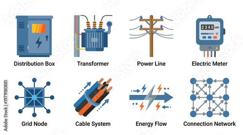 Electricity vector set illustrating distribution infrastructure with distribution box, transformer, power line, electric meter, grid node, cable system, energy flow, and connection network.