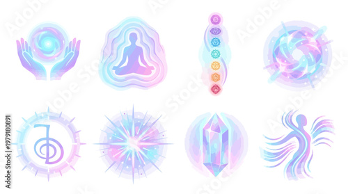 A vibrant vector set of eight spiritual symbols arranged in two rows on a white background, featuring various shapes and designs.