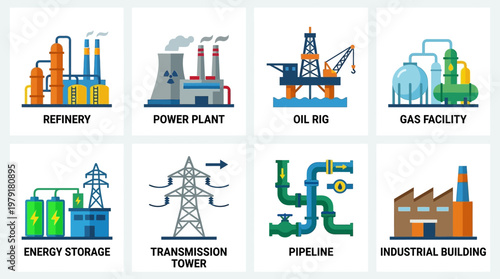 A comprehensive vector set of industrial icons depicting various energy infrastructure elements.