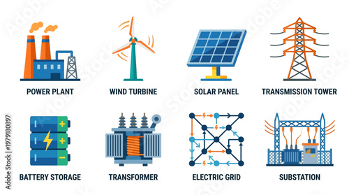 A vector set illustrating renewable energy infrastructure, featuring power plant, wind turbine, solar panel, transmission tower, battery storage, transformer, electric grid, and substation.