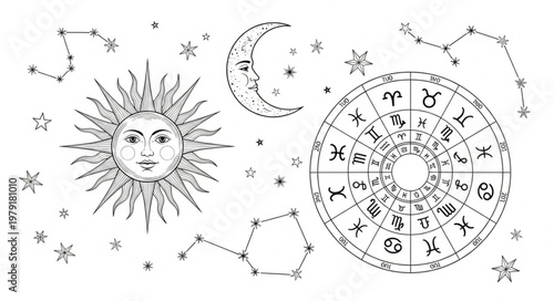 Astrology Sun Moon Constellations Zodiac Wheel Celestial Symbols.