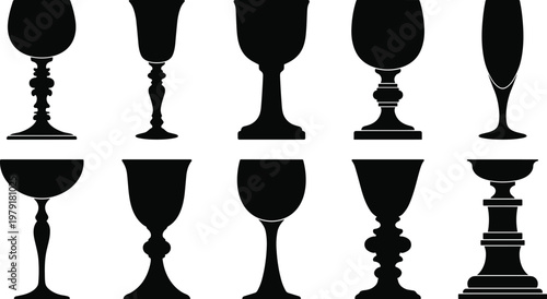 Collection of elegant black chalice and goblet silhouettes featuring various decorative shapes and sizes isolated on white background for luxury, religious, and medieval projects.