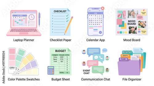 A colorful vector set of office stationery and digital tools for organization and planning on a desk