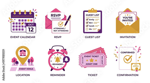 Event planning vector set with icons for calendar, RSVP, guest list, and more on white background