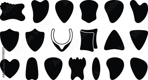 Collection of black silhouettes featuring Gua Sha massage tools and facial scrapers in various shapes like heart, wing, and teardrop for skincare and wellness design.
