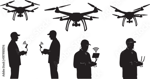 Silhouettes of men operating drones with remote controls outdoors