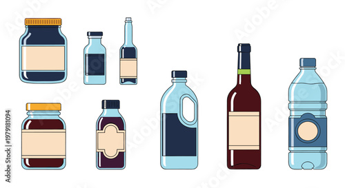 Large assortment of various glass and plastic bottles for beverages and condiments including jam jars, wine, and water jugs.