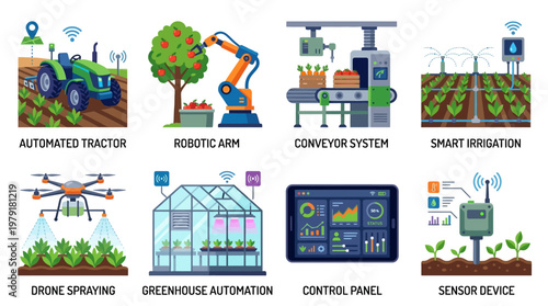 A comprehensive vector set illustrating various agricultural automation technologies including an automated tractor, robotic arm, and smart irrigation systems in a modern farm setting.