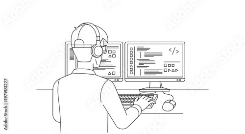 Man wearing headset at computer.