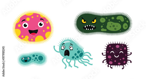 Collection of funny microscopic germ and bacteria characters with various facial expressions representing different viruses.