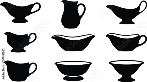Set of Black Silhouette Icons Featuring Various Gravy Boats Sauce Pitchers Creamers and Serving Bowls Isolated on White Background for Kitchenware and Dining Design.