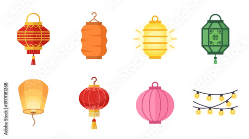 A vibrant vector set of colorful lanterns and lights hanging in a festive atmosphere with traditional decorations.