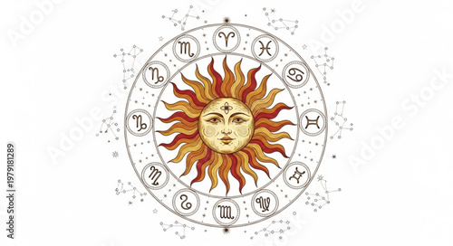Astrology Sun Zodiac Wheel Celestial Symbolism.