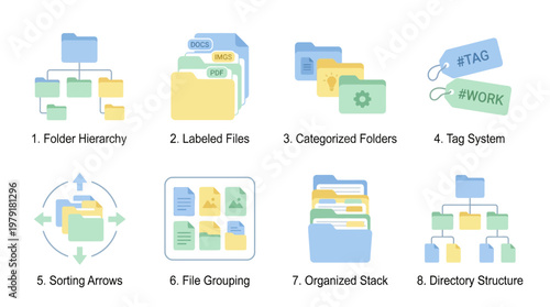 Organized vector set of office supplies and file management icons for business productivity
