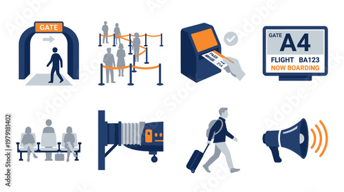 A vector set of travel icons depicting airport scenes with people, luggage, and announcements.