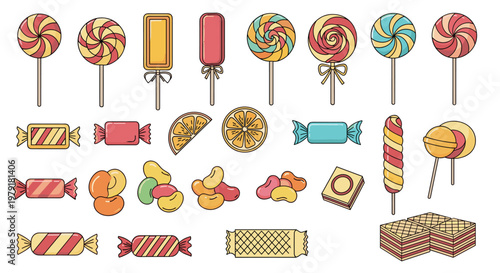 Colorful assortment of sweet treats including various lollipops, hard candies, jelly beans, and wafers in a vibrant cartoon style.