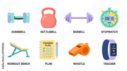 Fitness vector set including various gym equipment like dumbbell, kettlebell, barbell, stopwatch, workout bench, and fitness tracker for healthy lifestyle