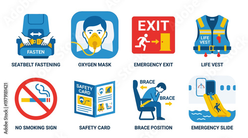 A comprehensive vector set of safety icons and symbols on an airplane including seatbelt oxygen mask emergency exit life vest no smoking sign safety card brace position and emergency slide.