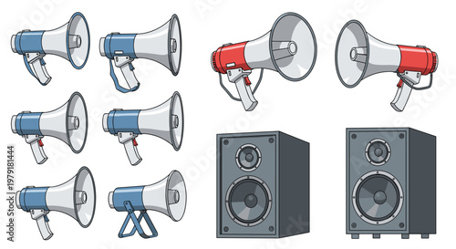 Set of blue and red megaphones and speakers from different angles for sound projection, public speaking, and announcement concepts.