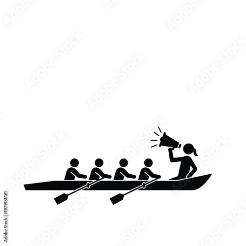Rowing Team Flat Icon with Coxswain Leading in Boat on Transparent Background