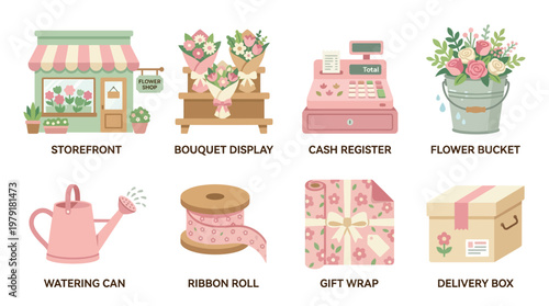 Vector set of floral shop items on display outside a storefront with bouquet display and cash register nearby