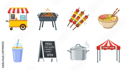 A vector set of food icons including a truck, grill, skewers, bowl, drink, menu, pot, and tent on a sunny day.