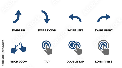A vector set of various touchscreen gestures including swipe up, swipe down, swipe left, swipe right, pinch zoom, tap, double tap, and long press actions.
