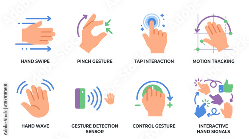 Vector set of hand gestures icons illustrating various interactive hand signals and swipe motions for technology and interface control