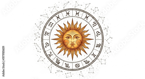 Astrology Sun Zodiac Wheel with Celestial Symbols.