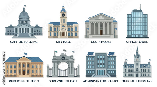 A vector set of various government buildings including a capitol building, city hall, courthouse, office tower, public institution, government gate, administrative office, and official landmark.
