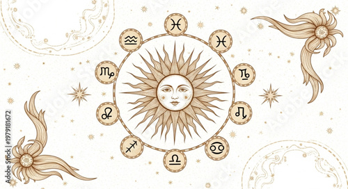 Astrology Sun Zodiac Wheel with Celestial Ornaments.