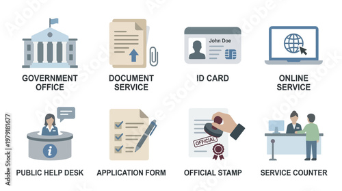 A vector set of government office services including document service, ID card, online service, public help desk, application form, official stamp, and service counter.