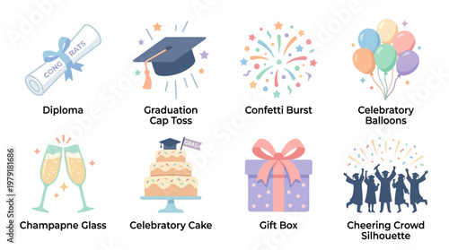 A colorful vector set celebrating graduation with diploma, graduation cap, confetti, balloons, champagne, cake, gifts, and cheering crowd.
